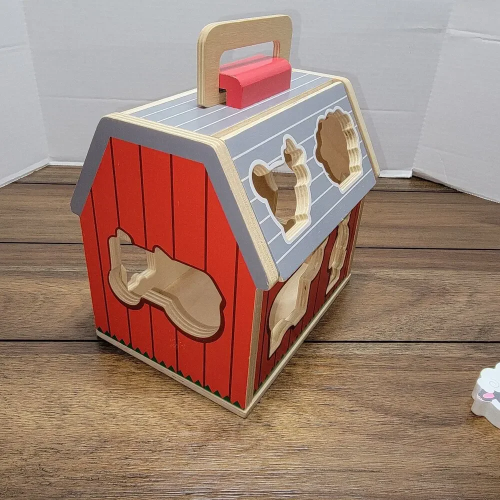 Melissa & Doug Wooden Take-Along Sorting Barn w/ Flip Up Roof & Handle - 10 Pc